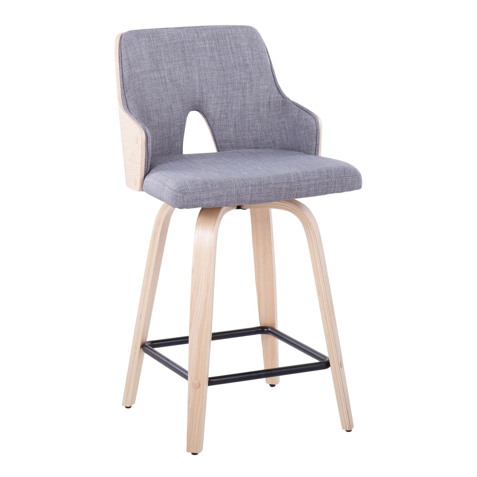 Stella 24" Fixed-Height Counter Stool - Set of 2 - Natural Wood, Light Grey Fabric, Black Metal