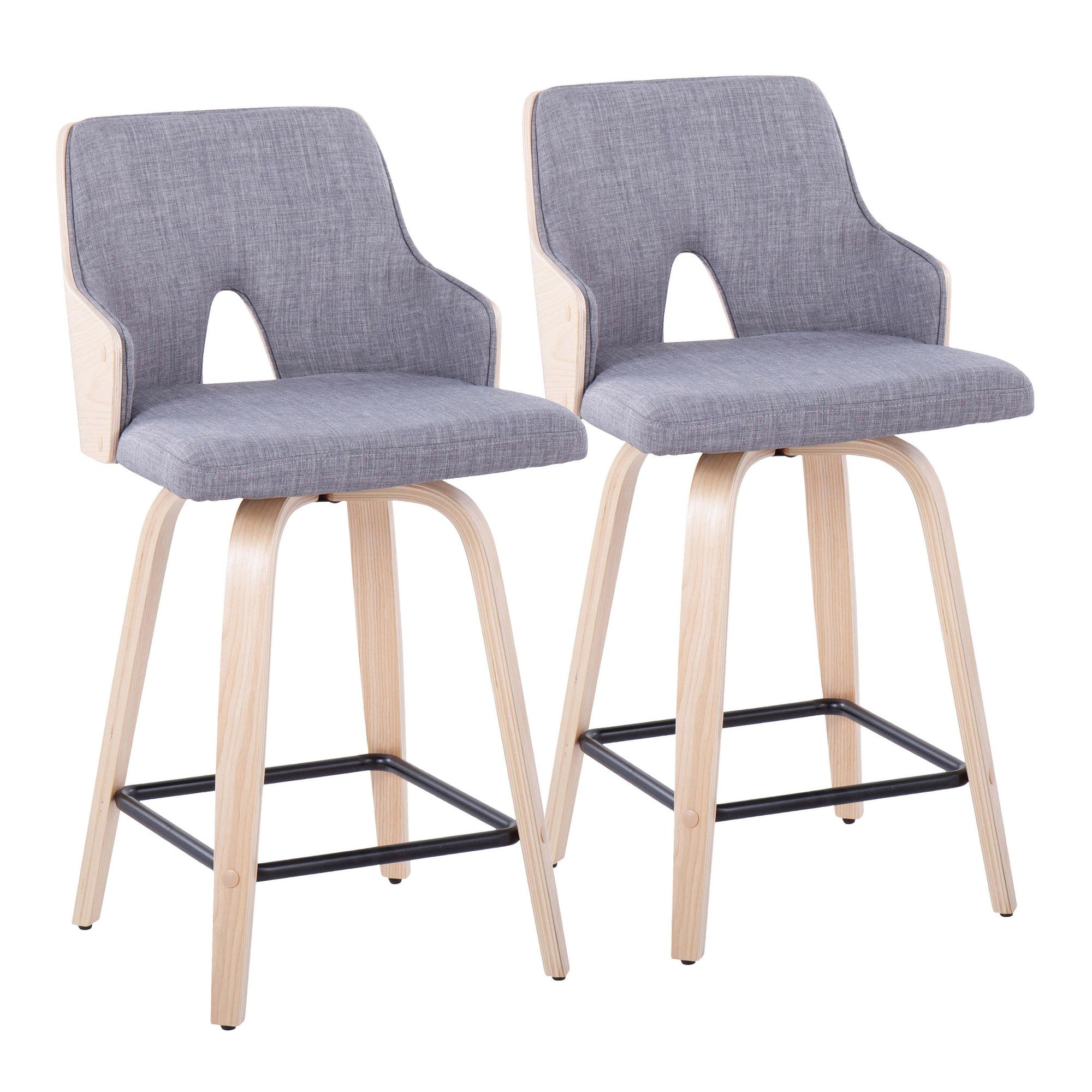 Stella 24" Fixed-Height Counter Stool - Set of 2 - Natural Wood, Light Grey Fabric, Black Metal