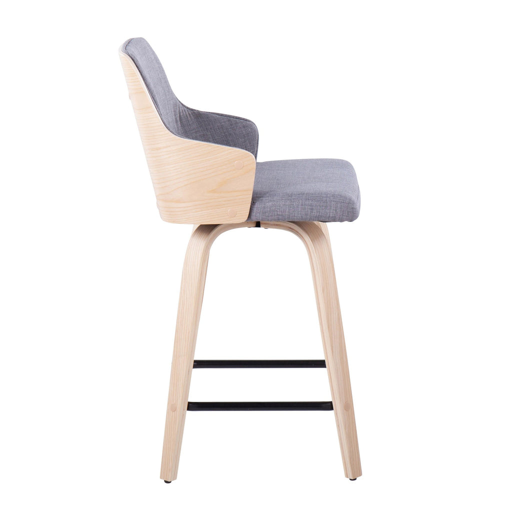 Stella 24" Fixed-Height Counter Stool - Set of 2 - Natural Wood, Light Grey Fabric, Black Metal