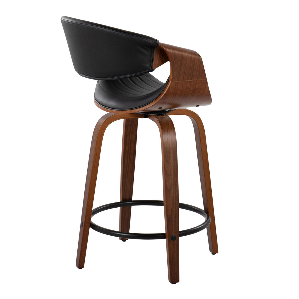 Symphony 24" Fixed-Height Counter Stool - Set of 2 - Walnut Wood, Black PU, Black Metal