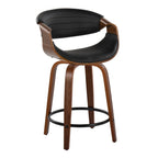 Symphony 24" Fixed-Height Counter Stool - Set of 2 - Walnut Wood, Black PU, Black Metal