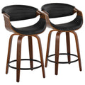 Symphony 24" Fixed-Height Counter Stool - Set of 2 - Walnut Wood, Black PU, Black Metal
