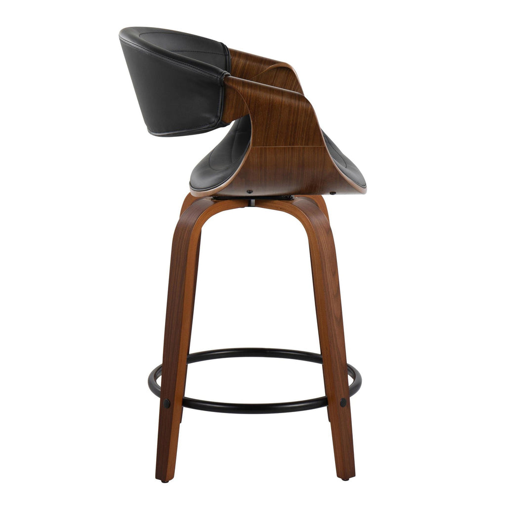 Symphony 24" Fixed-Height Counter Stool - Set of 2 - Walnut Wood, Black PU, Black Metal
