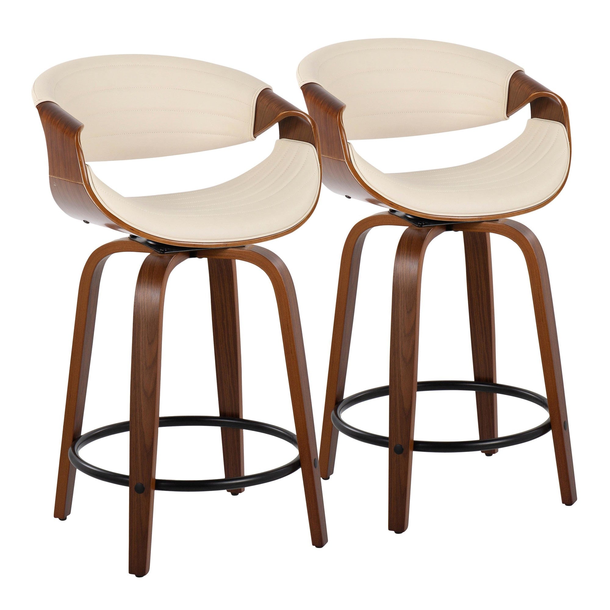Symphony 24" Fixed-Height Counter Stool - Set of 2 - Walnut Wood, Cream PU, Black Metal