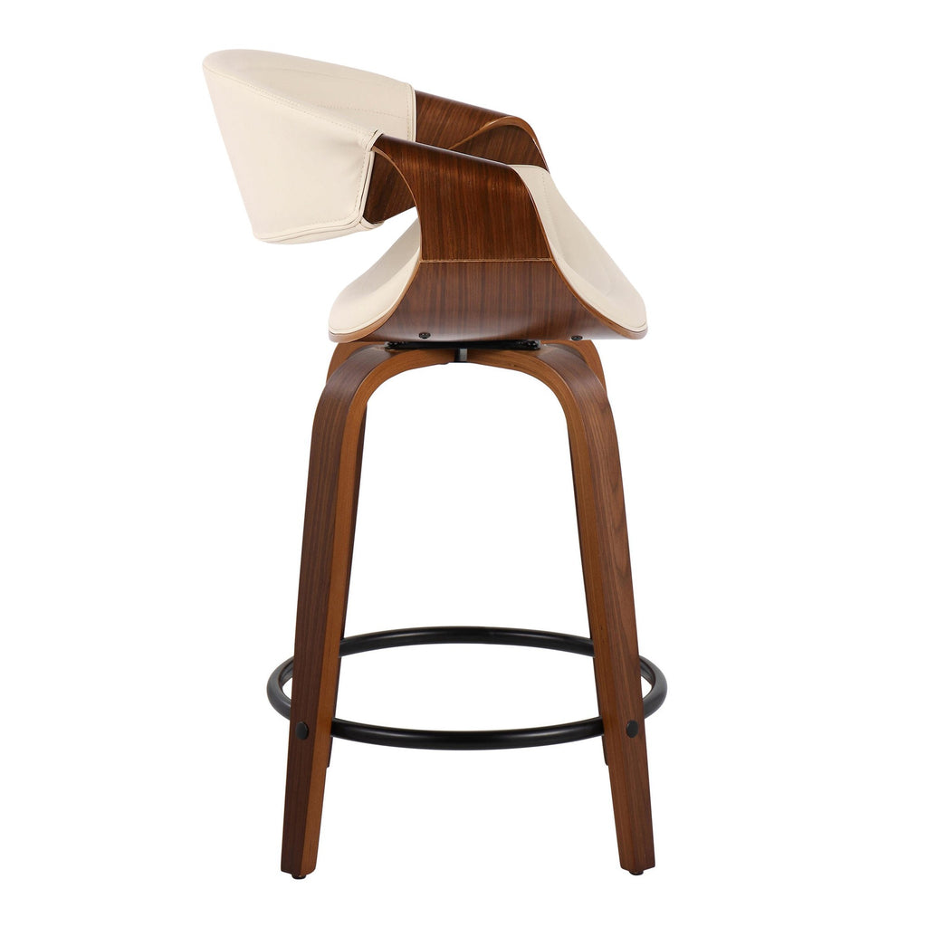 Symphony 24" Fixed-Height Counter Stool - Set of 2 - Walnut Wood, Cream PU, Black Metal