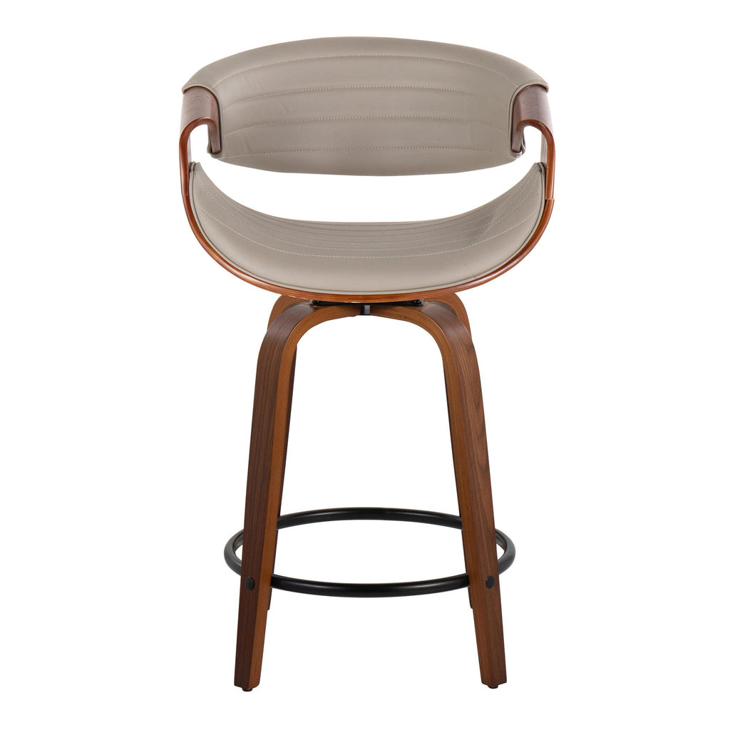 Symphony 24" Fixed-Height Counter Stool - Set of 2 - Walnut Wood, Pewter Grey PU, Black Metal