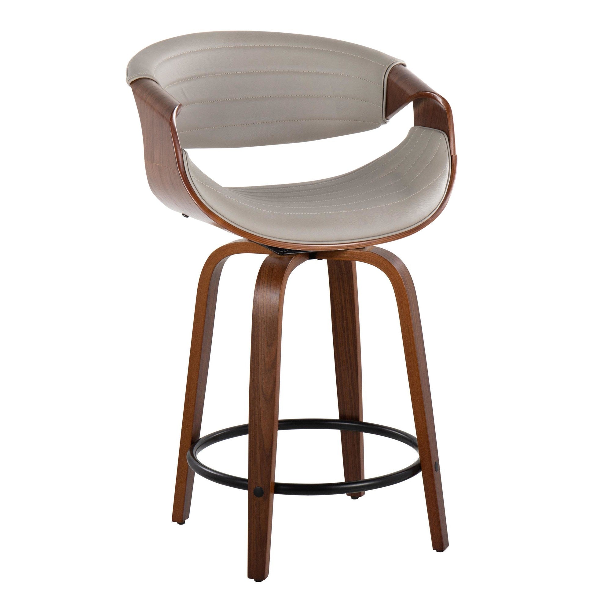 Symphony 24" Fixed-Height Counter Stool - Set of 2 - Walnut Wood, Pewter Grey PU, Black Metal