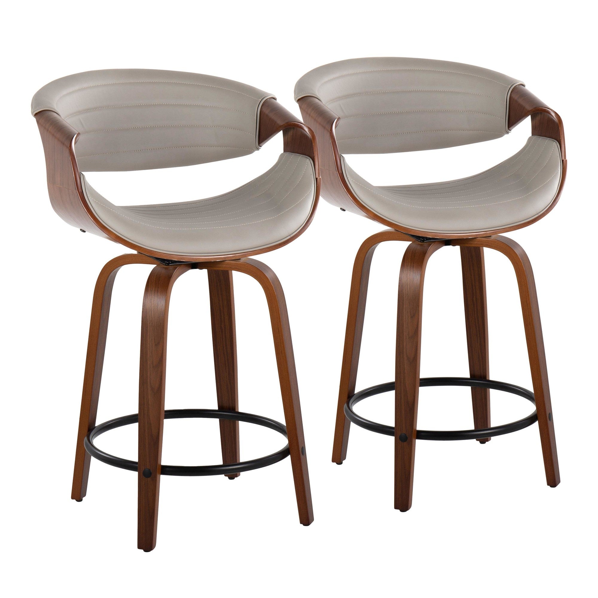 Symphony 24" Fixed-Height Counter Stool - Set of 2 - Walnut Wood, Pewter Grey PU, Black Metal