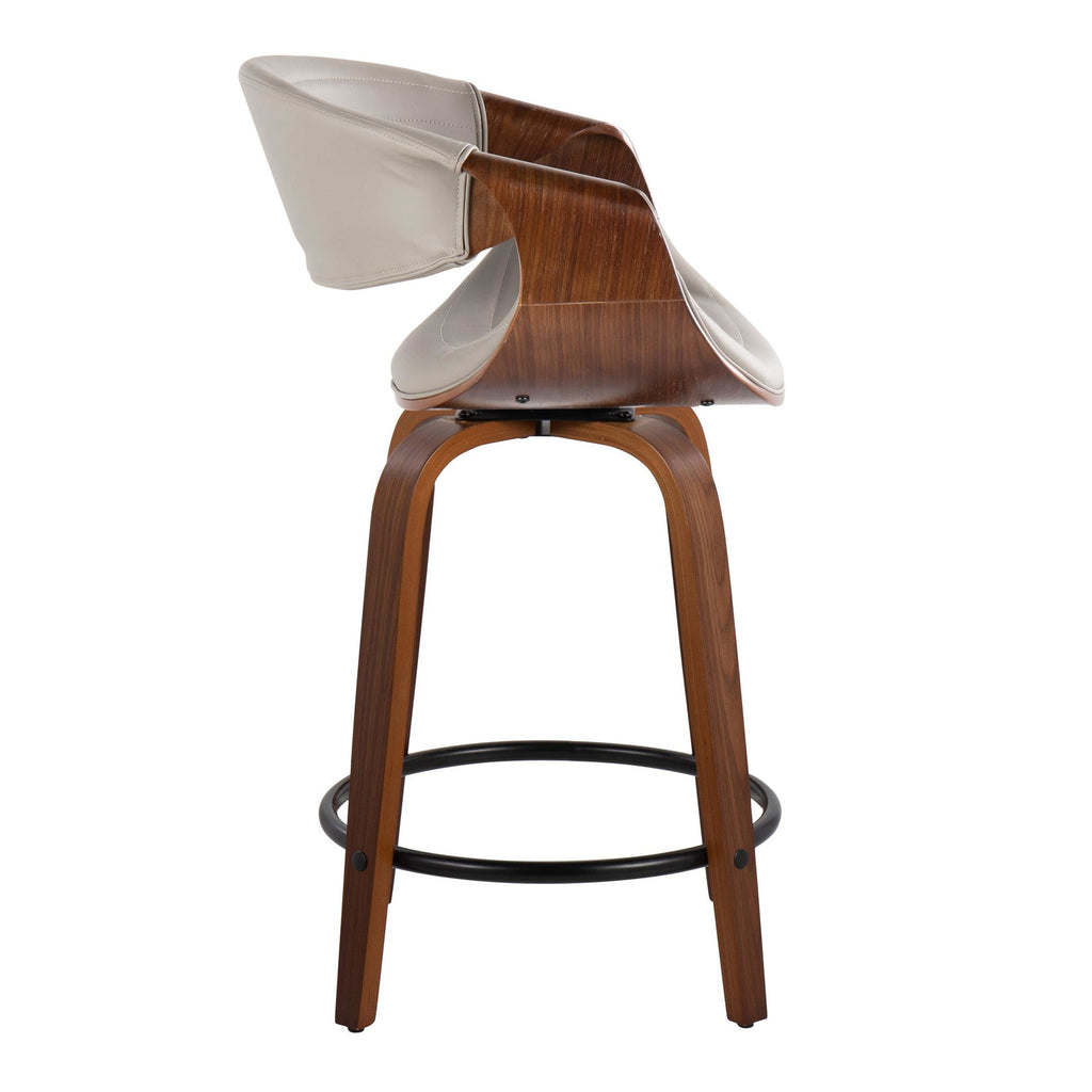 Symphony 24" Fixed-Height Counter Stool - Set of 2 - Walnut Wood, Pewter Grey PU, Black Metal
