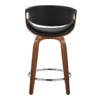 Symphony 24" Fixed-Height Counter Stool - Set of 2 - Walnut Wood, Black PU, Chrome Metal