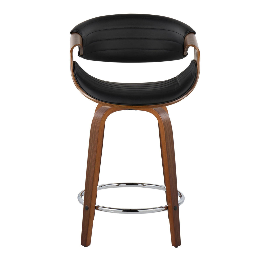 Symphony 24" Fixed-Height Counter Stool - Set of 2 - Walnut Wood, Black PU, Chrome Metal