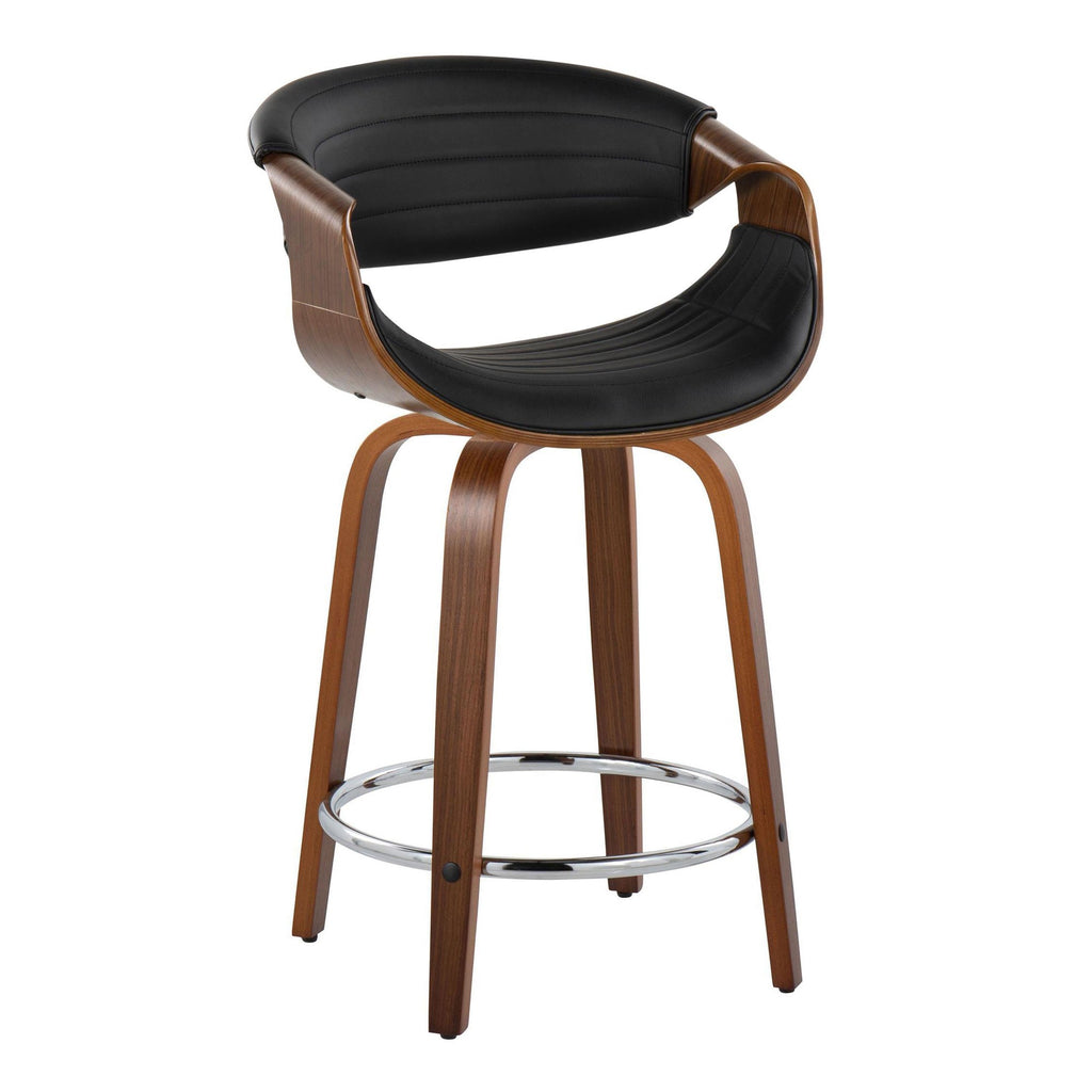 Symphony 24" Fixed-Height Counter Stool - Set of 2 - Walnut Wood, Black PU, Chrome Metal