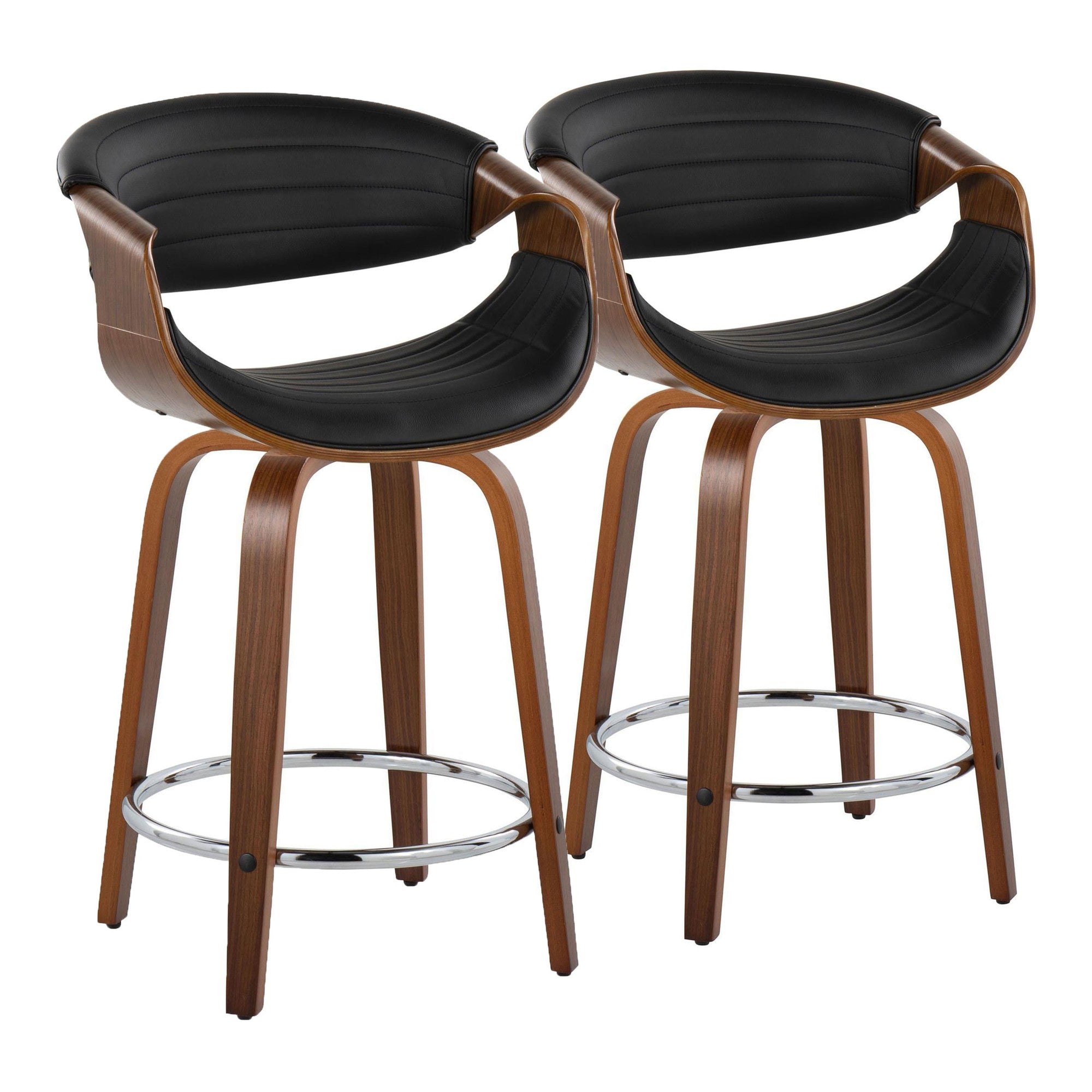 Symphony 24" Fixed-Height Counter Stool - Set of 2 - Walnut Wood, Black PU, Chrome Metal