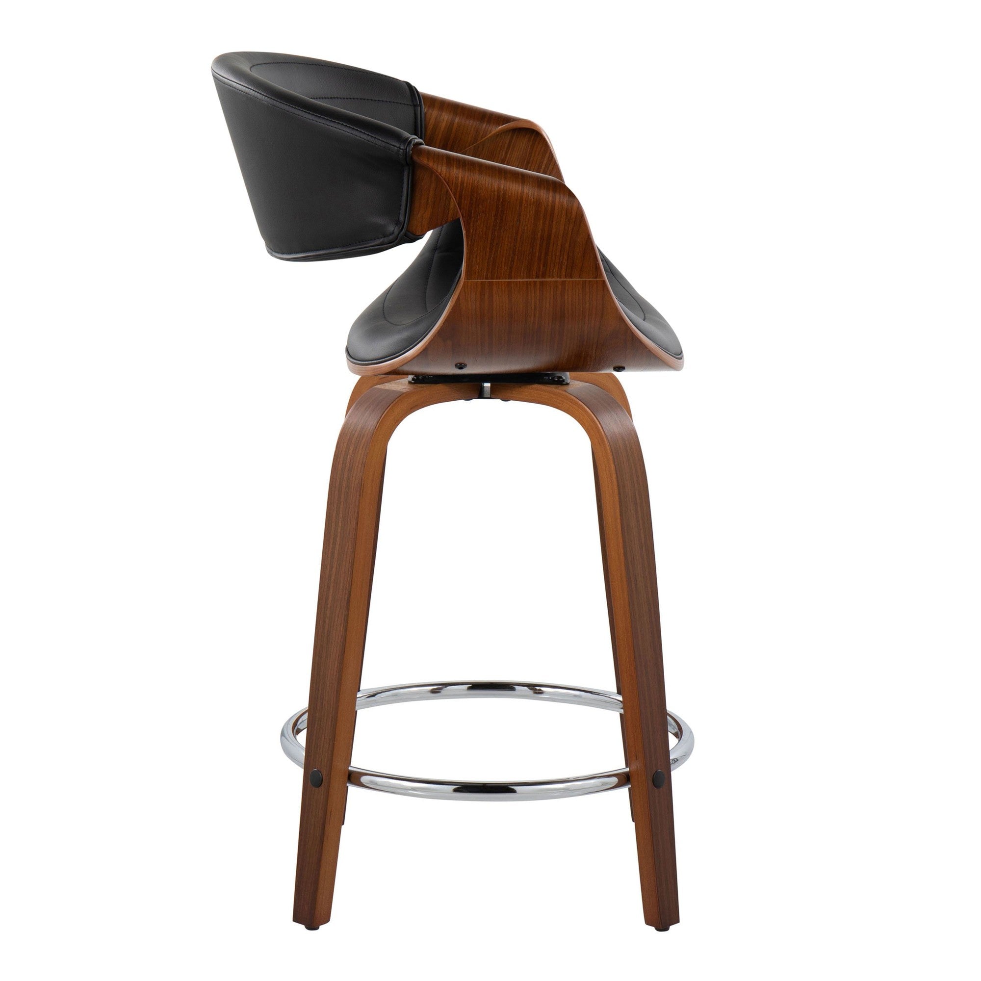 Symphony 24" Fixed-Height Counter Stool - Set of 2 - Walnut Wood, Black PU, Chrome Metal