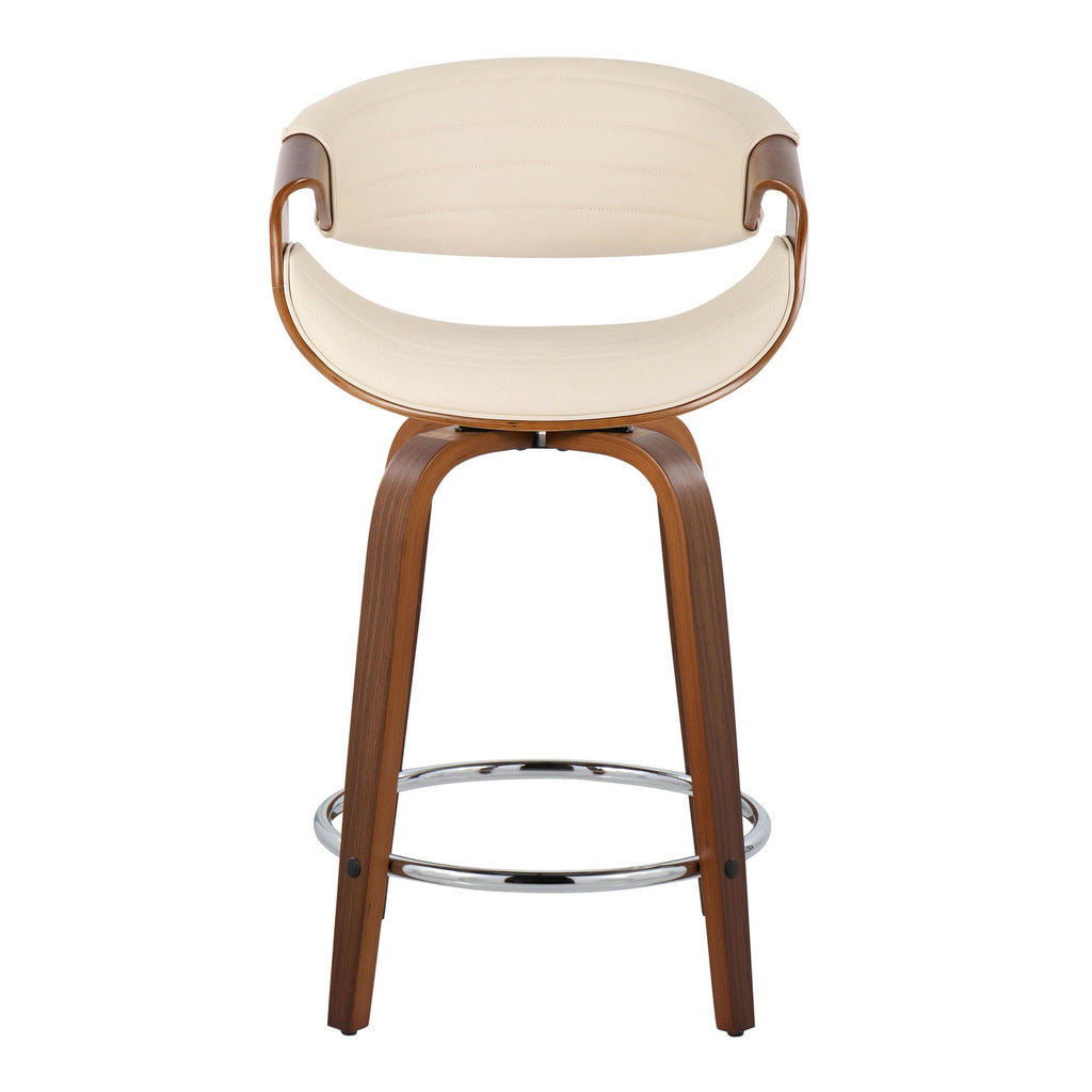 Symphony 24" Fixed-Height Counter Stool - Set of 2 - Walnut Wood, Cream PU, Chrome Metal