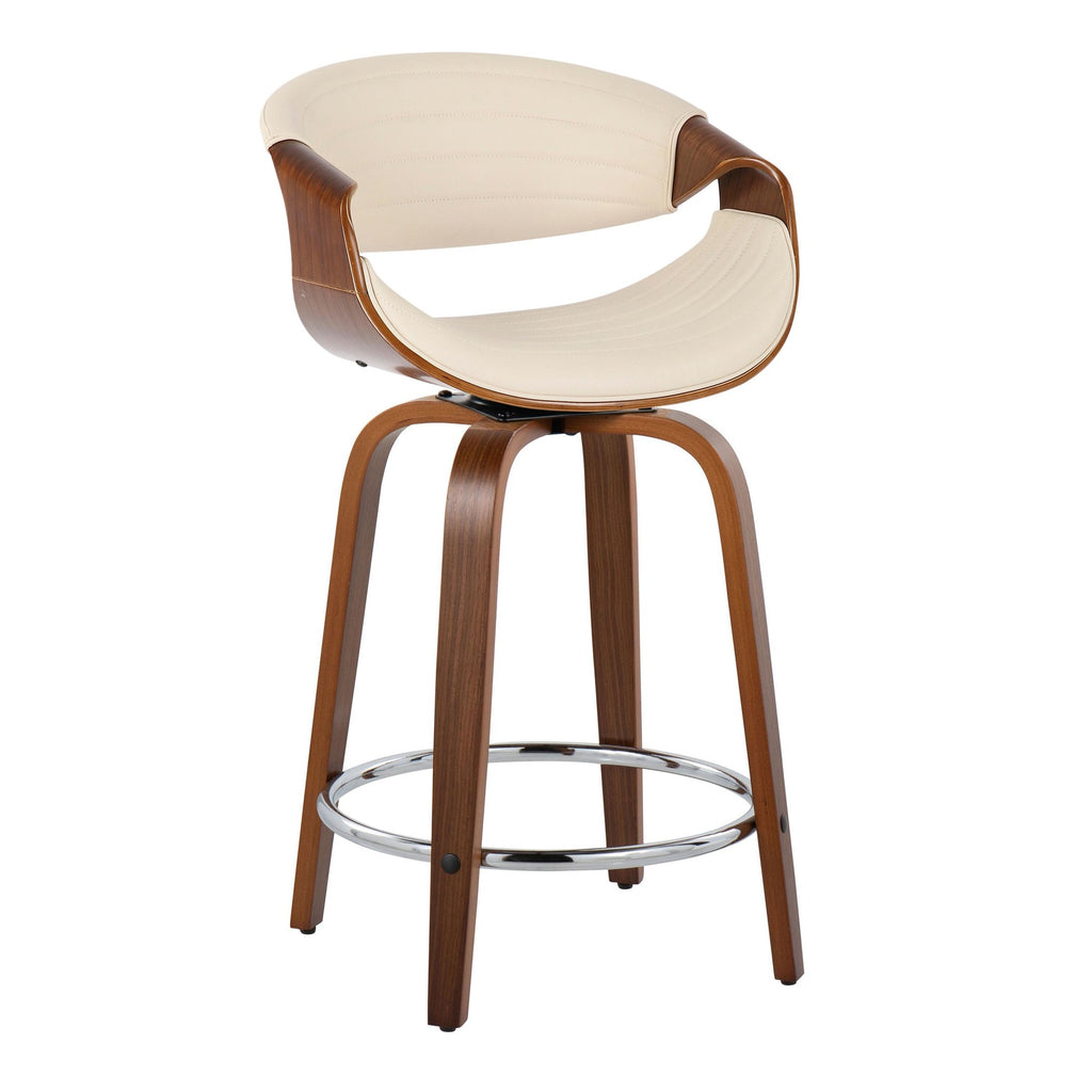 Symphony 24" Fixed-Height Counter Stool - Set of 2 - Walnut Wood, Cream PU, Chrome Metal