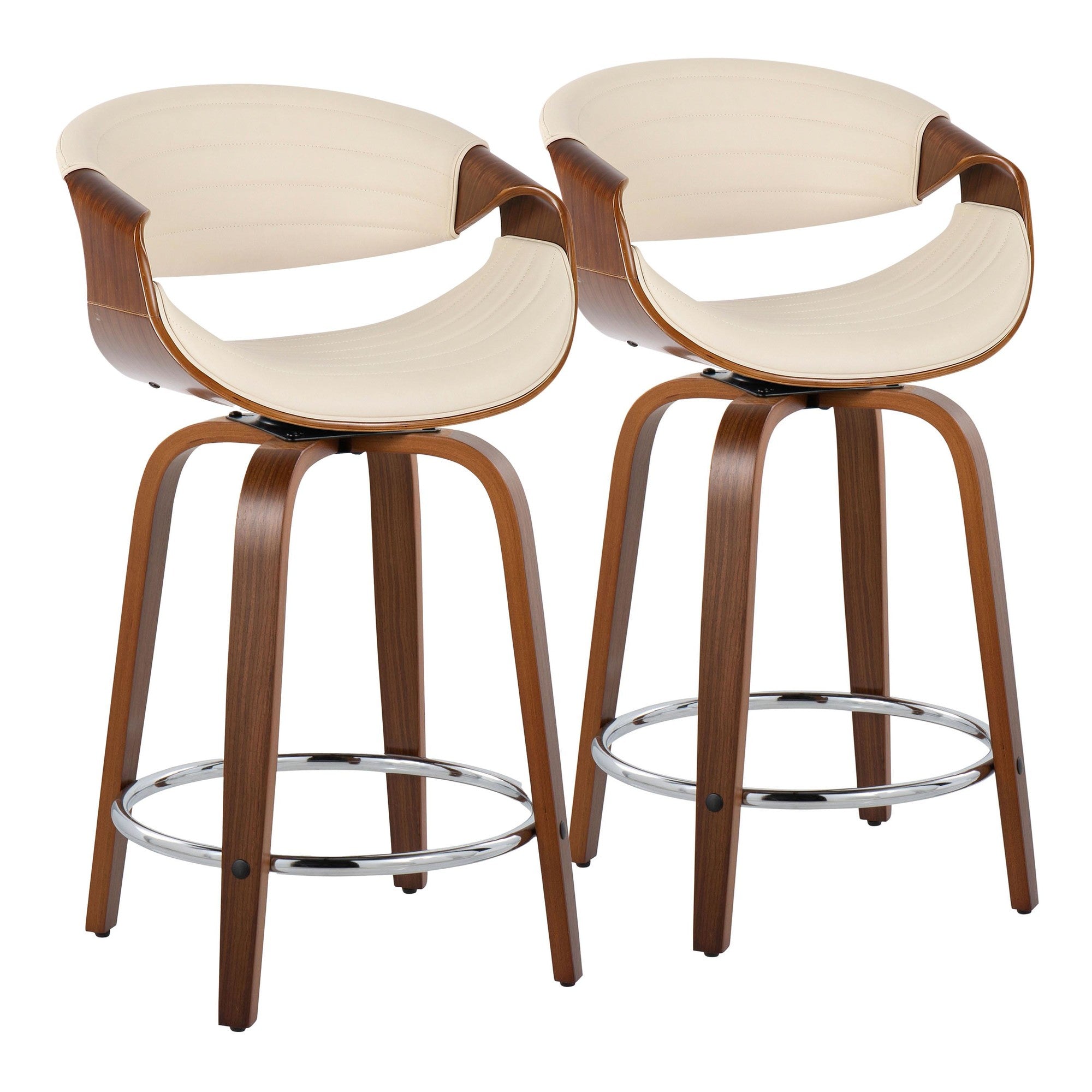 Symphony 24" Fixed-Height Counter Stool - Set of 2 - Walnut Wood, Cream PU, Chrome Metal