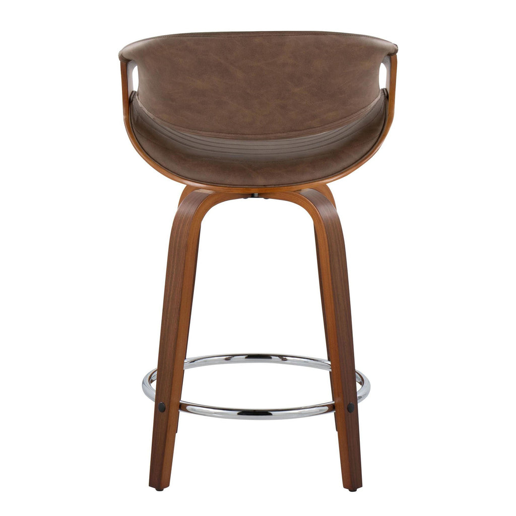 Symphony 24" Fixed-Height Counter Stool - Set of 2 - Walnut Wood, Chrome Metal, Espresso PU