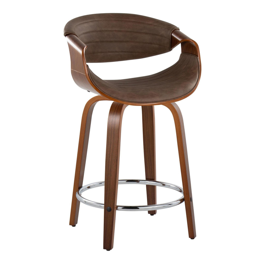 Symphony 24" Fixed-Height Counter Stool - Set of 2 - Walnut Wood, Chrome Metal, Espresso PU