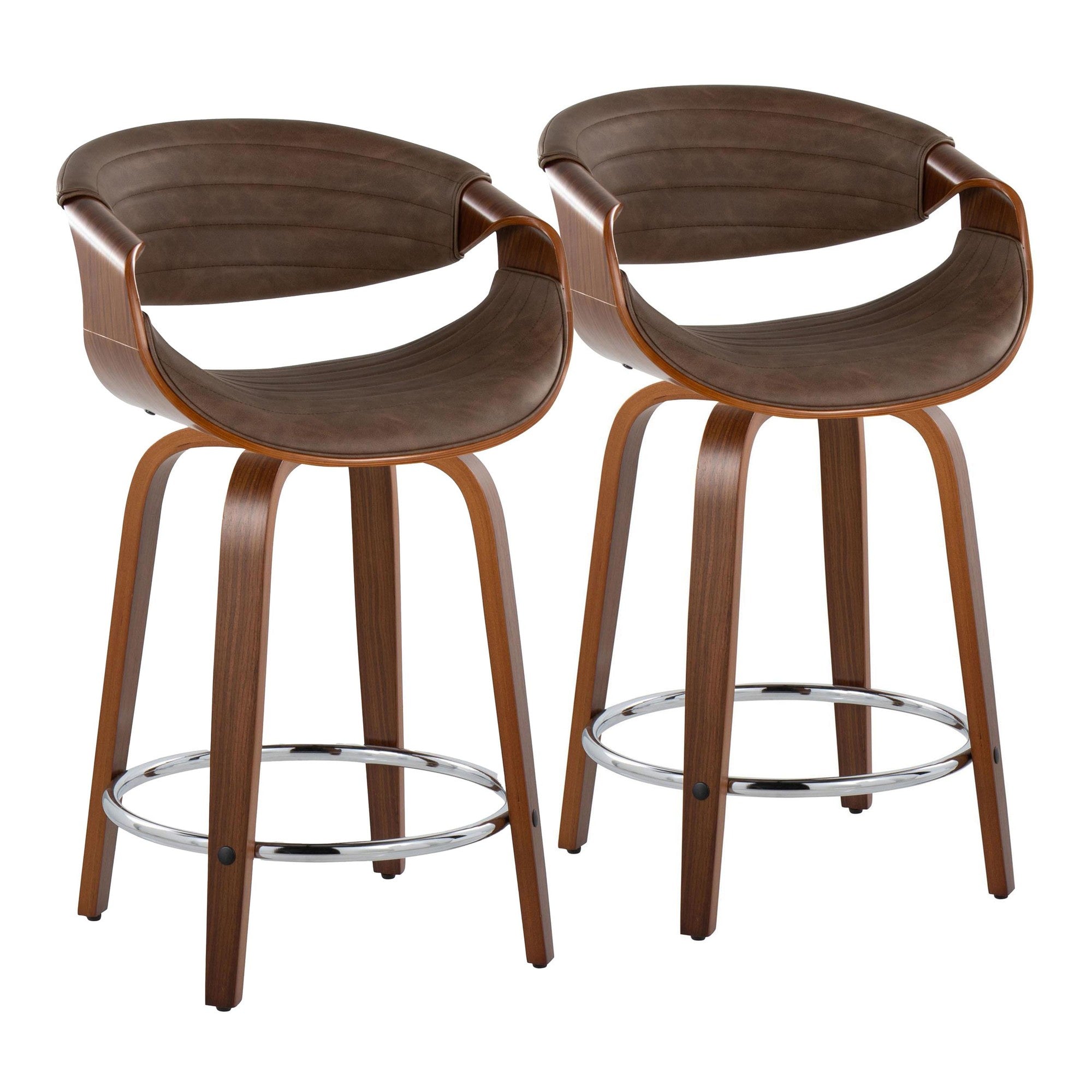 Symphony 24" Fixed-Height Counter Stool - Set of 2 - Walnut Wood, Chrome Metal, Espresso PU