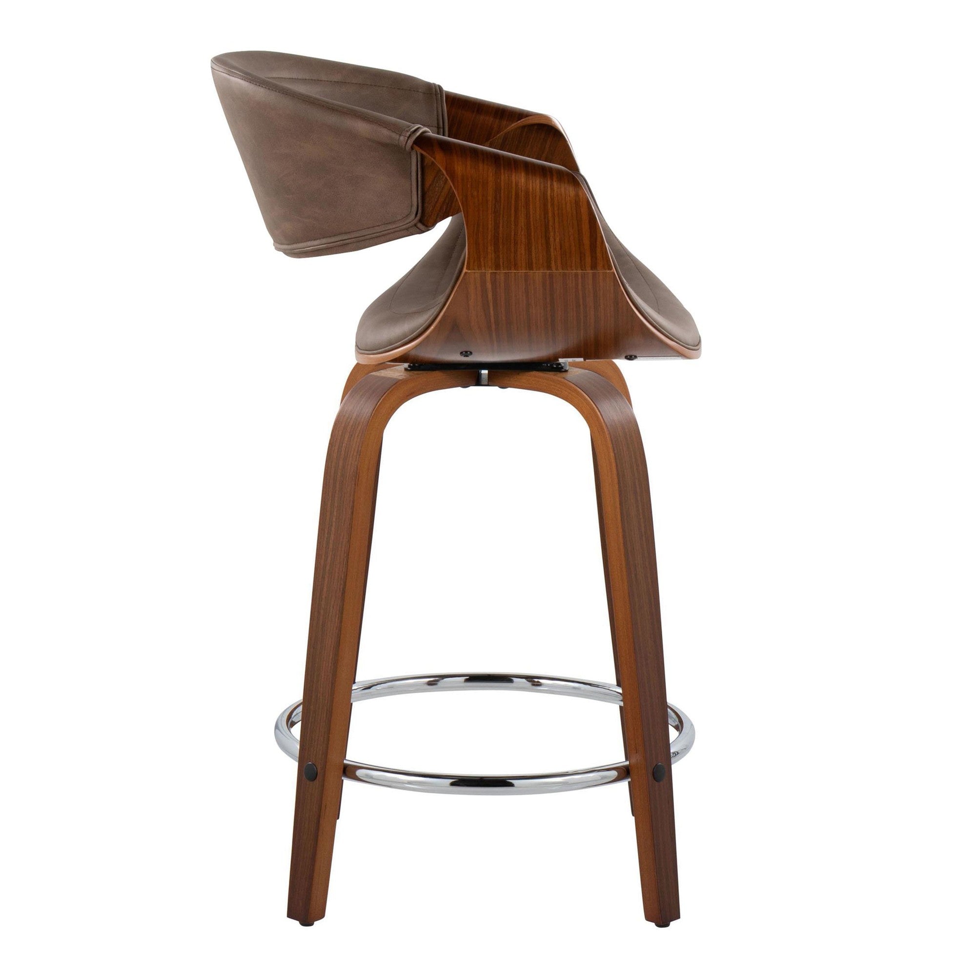 Symphony 24" Fixed-Height Counter Stool - Set of 2 - Walnut Wood, Chrome Metal, Espresso PU