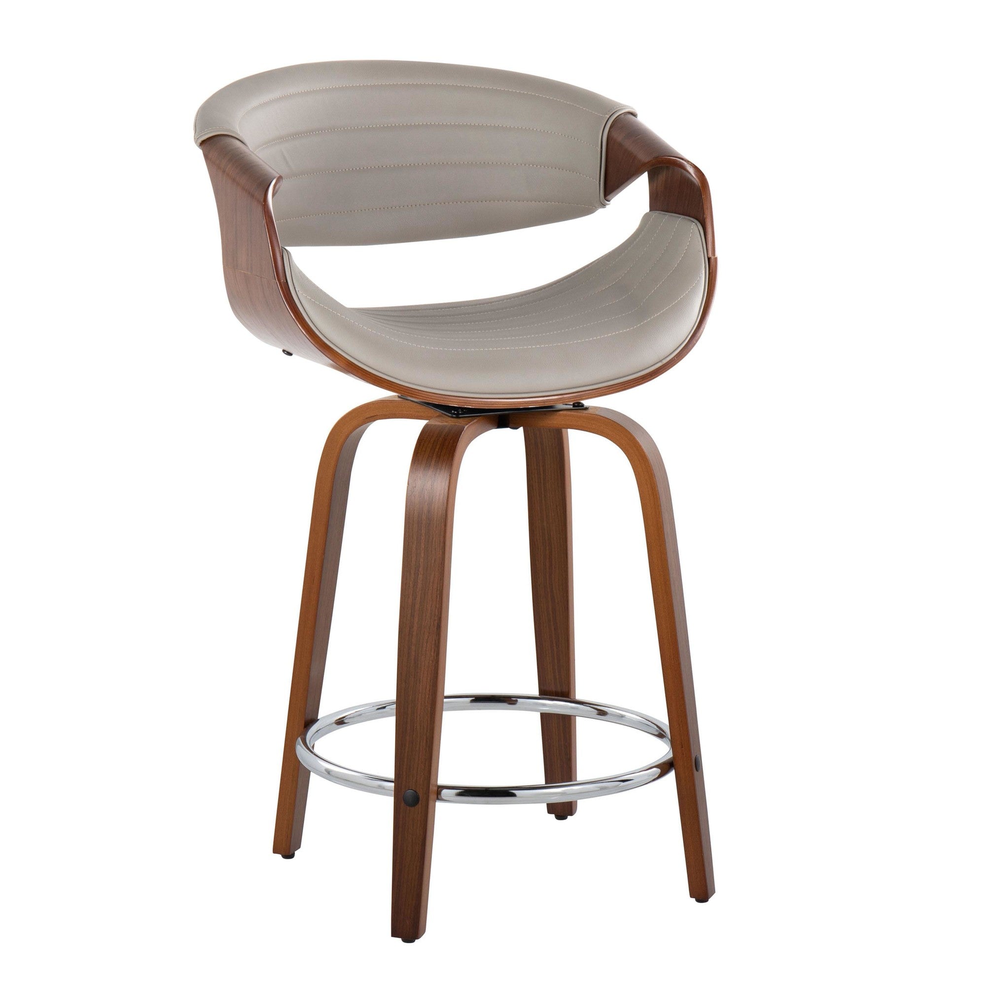 Symphony 24" Fixed-Height Counter Stool - Set of 2 - Walnut Wood, Grey PU, Chrome Metal