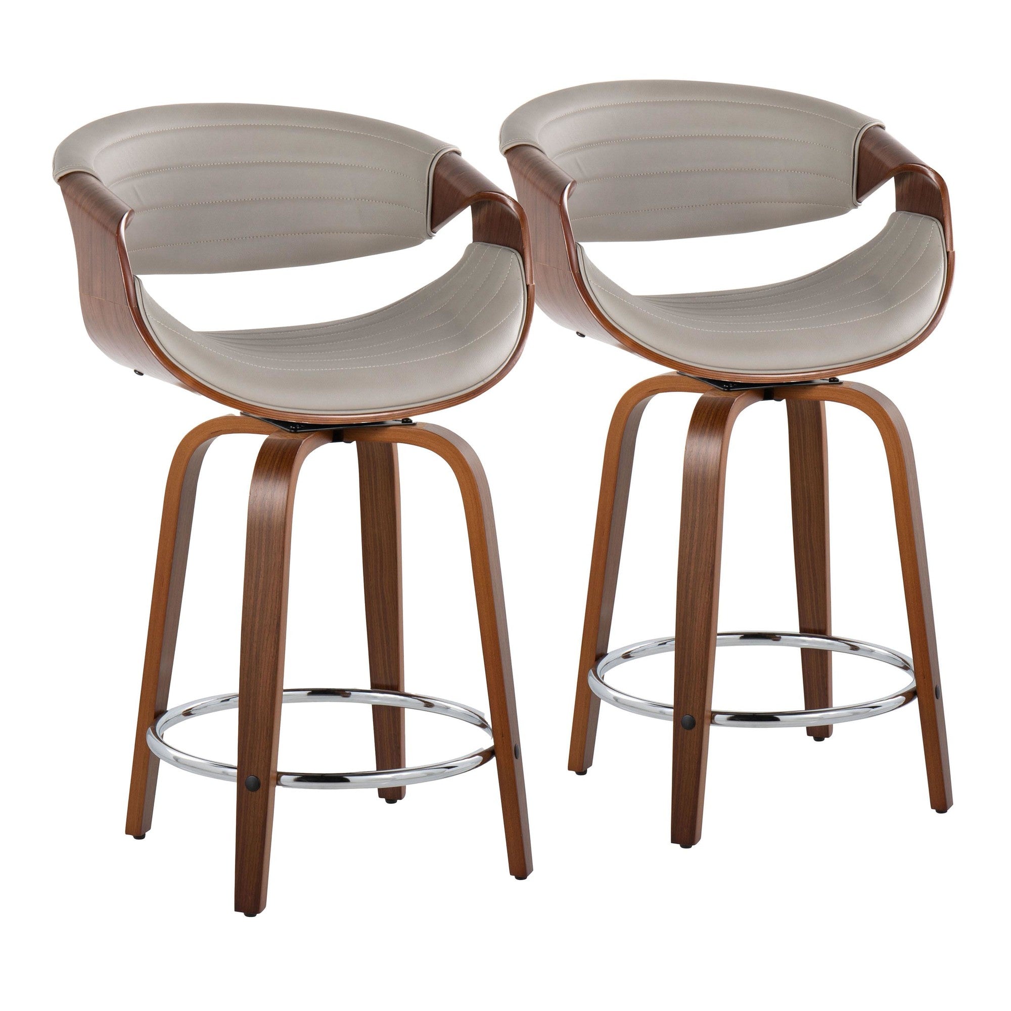Symphony 24" Fixed-Height Counter Stool - Set of 2 - Walnut Wood, Grey PU, Chrome Metal