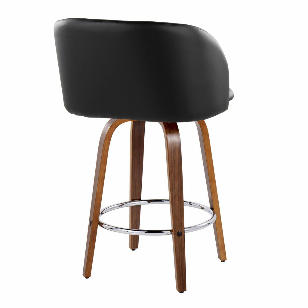 Fran 25" Fixed-Height Counter Stool - Set of 2 - Walnut Wood, Black PU, Chrome Metal