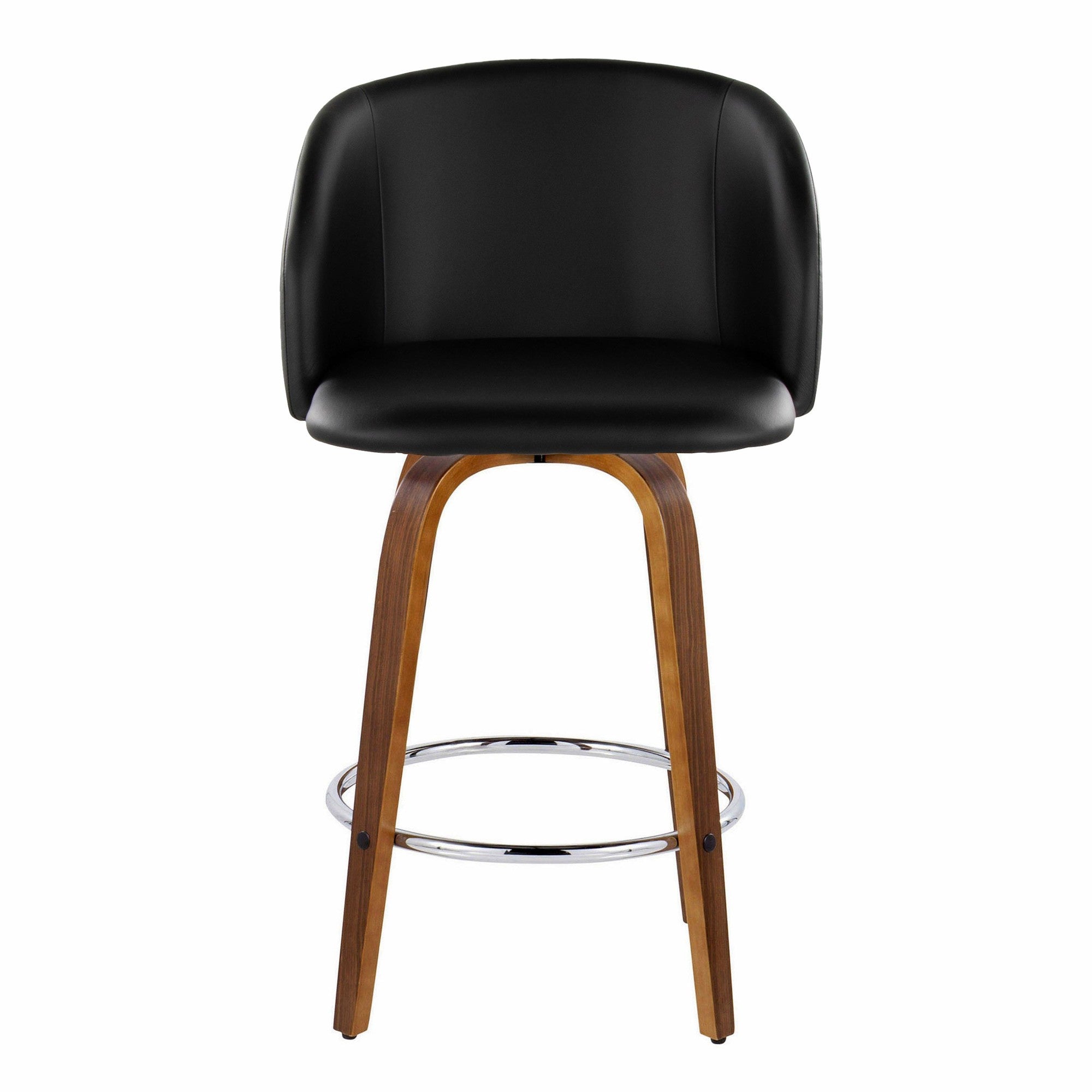 Fran 25" Fixed-Height Counter Stool - Set of 2 - Walnut Wood, Black PU, Chrome Metal