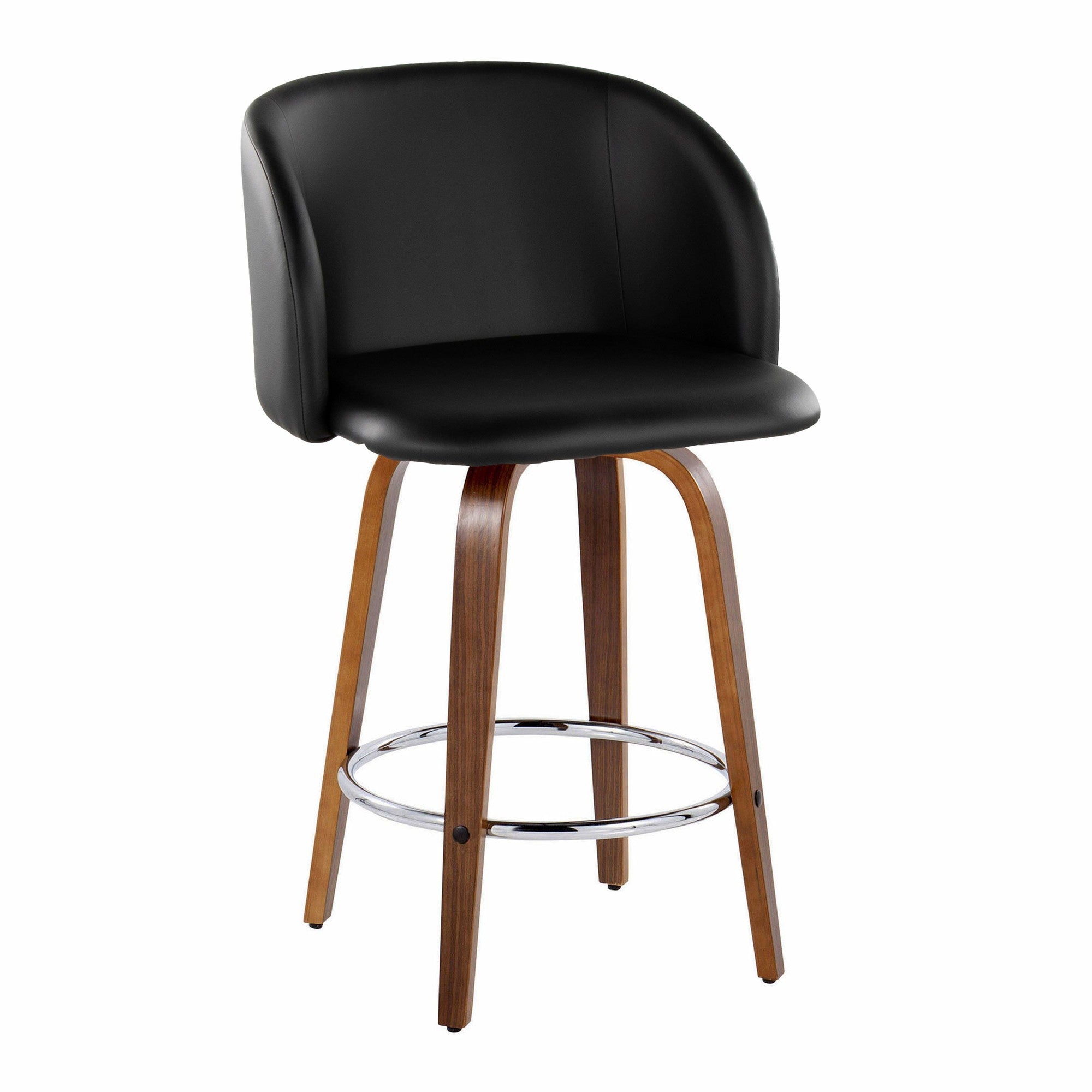 Fran 25" Fixed-Height Counter Stool - Set of 2 - Walnut Wood, Black PU, Chrome Metal