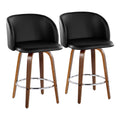 Fran 25" Fixed-Height Counter Stool - Set of 2 - Walnut Wood, Black PU, Chrome Metal