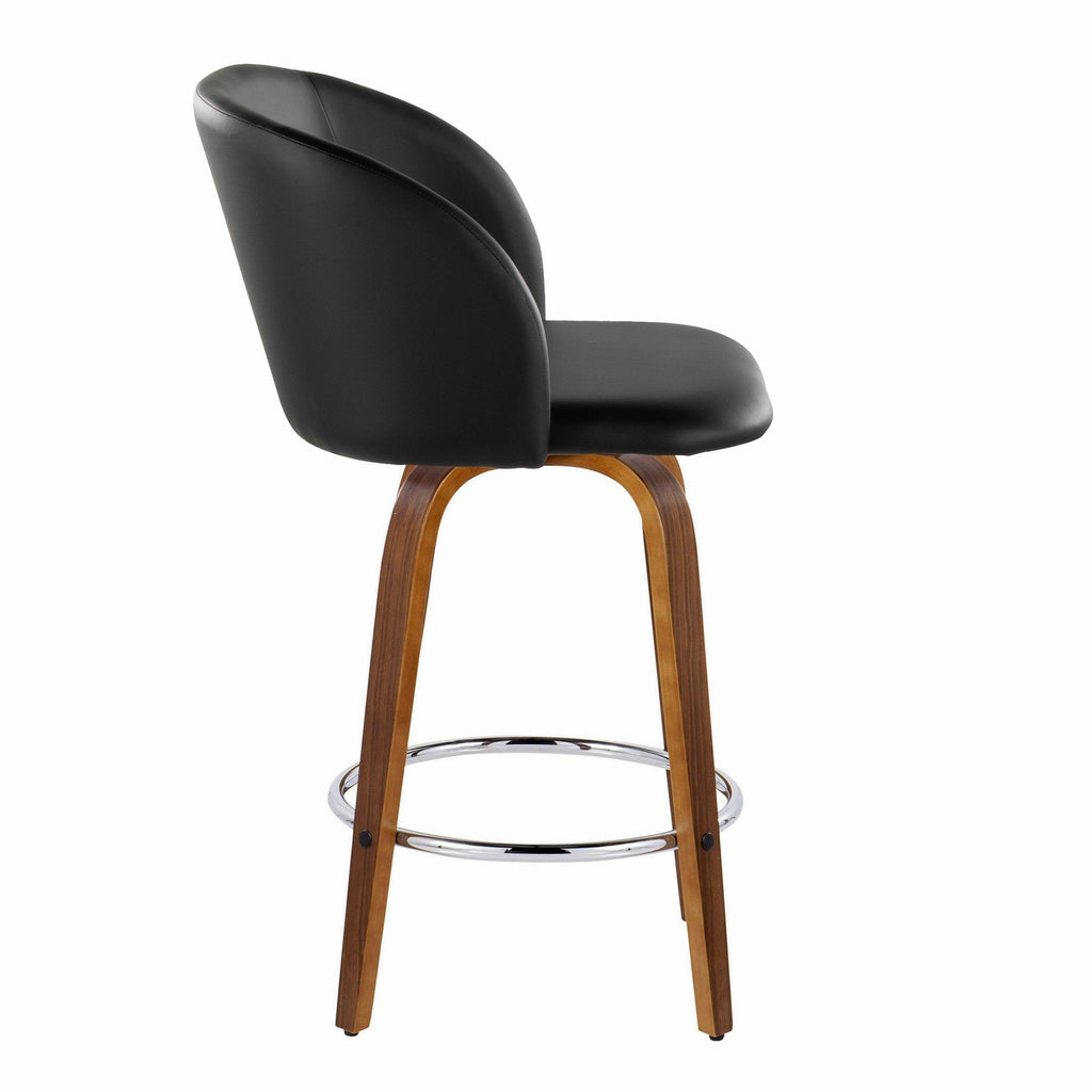 Fran 25" Fixed-Height Counter Stool - Set of 2 - Walnut Wood, Black PU, Chrome Metal