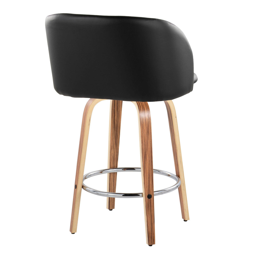 Fran 25" Fixed-Height Counter Stool - Set of 2 - Zebra Wood, Black PU, Chrome Metal