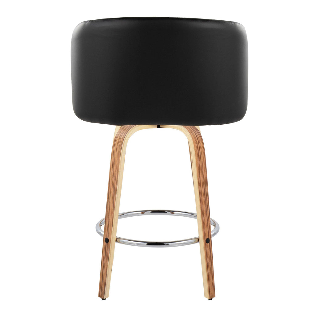 Fran 25" Fixed-Height Counter Stool - Set of 2 - Zebra Wood, Black PU, Chrome Metal