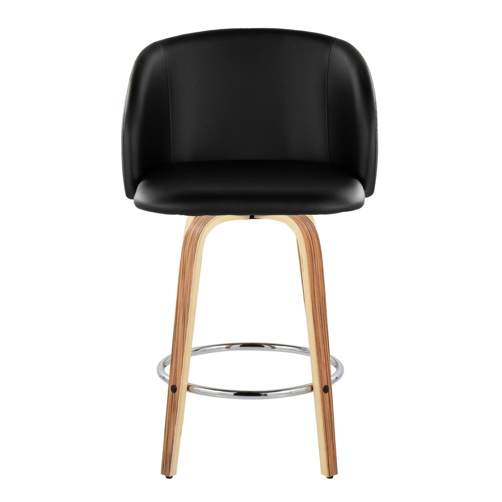 Fran 25" Fixed-Height Counter Stool - Set of 2 - Zebra Wood, Black PU, Chrome Metal