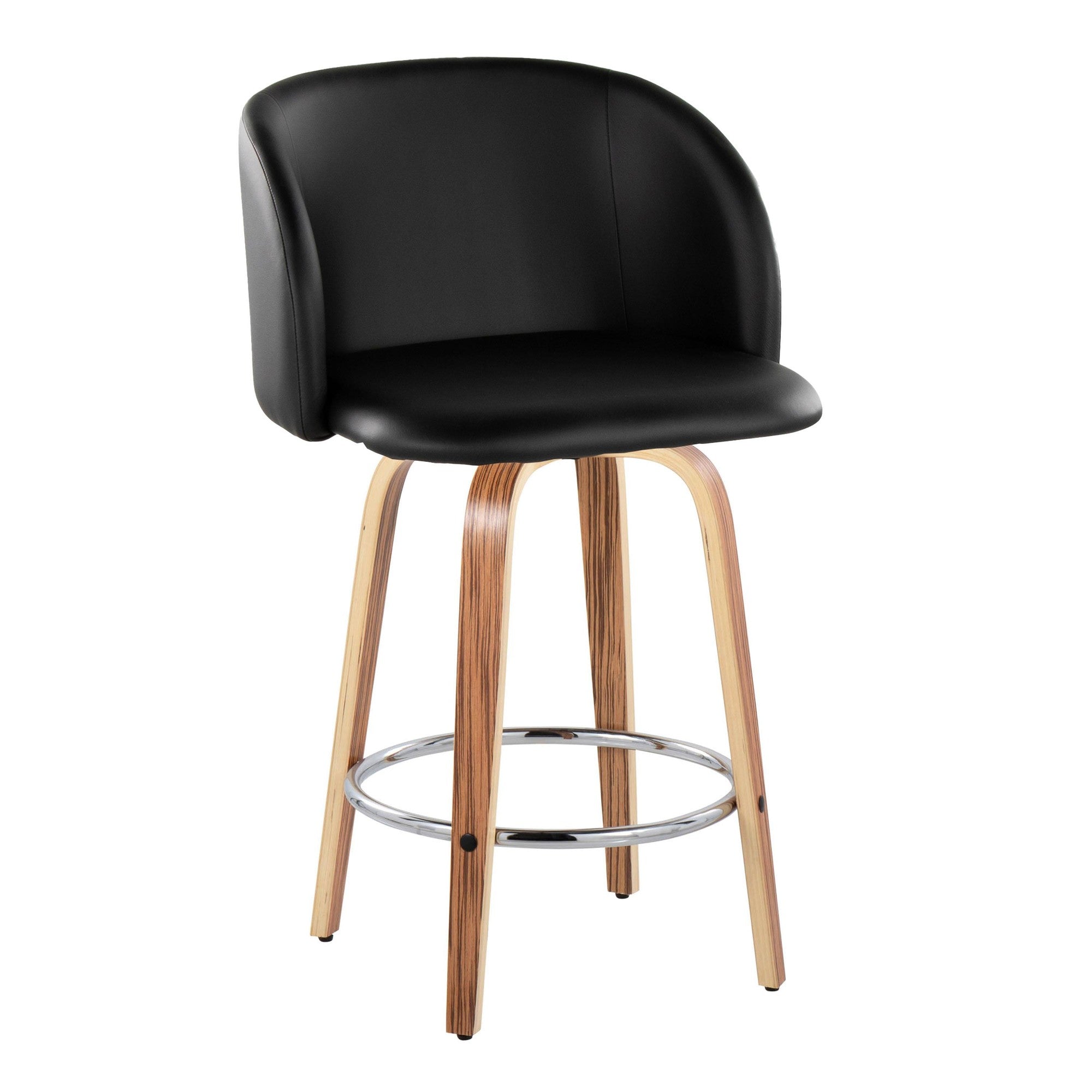 Fran 25" Fixed-Height Counter Stool - Set of 2 - Zebra Wood, Black PU, Chrome Metal