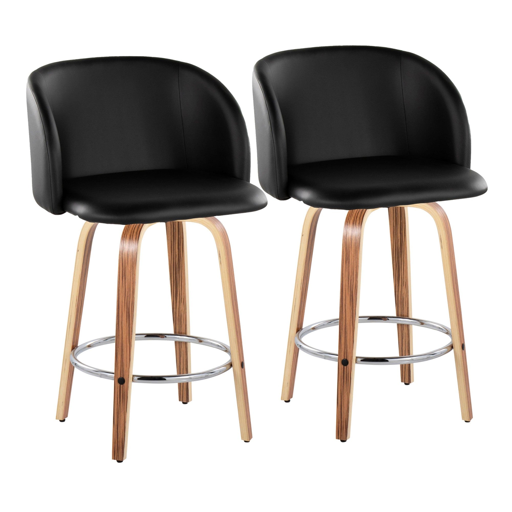 Fran 25" Fixed-Height Counter Stool - Set of 2 - Zebra Wood, Black PU, Chrome Metal