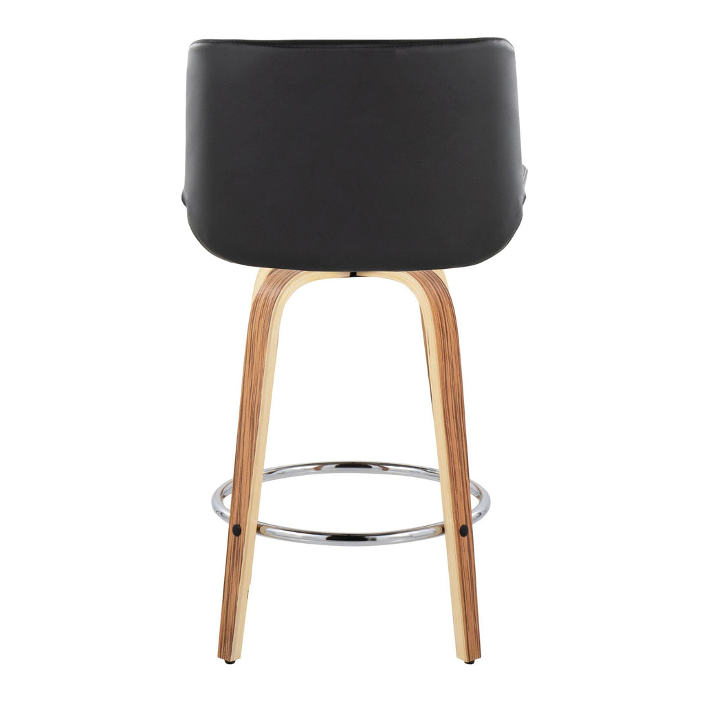 Santi 25" Fixed-Height Counter Stool - Set of 2 - Zebra Wood, Chrome Metal, Black PU