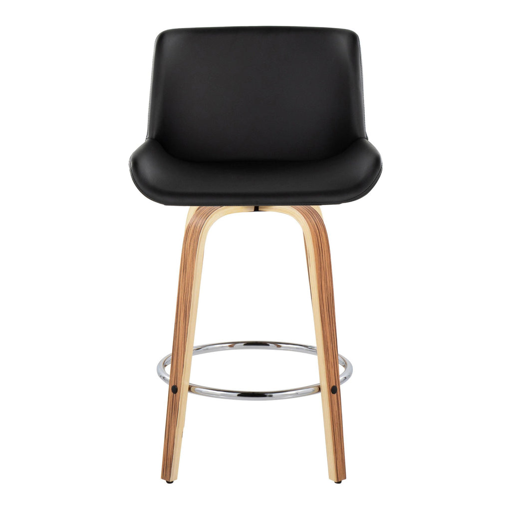 Santi 25" Fixed-Height Counter Stool - Set of 2 - Zebra Wood, Chrome Metal, Black PU