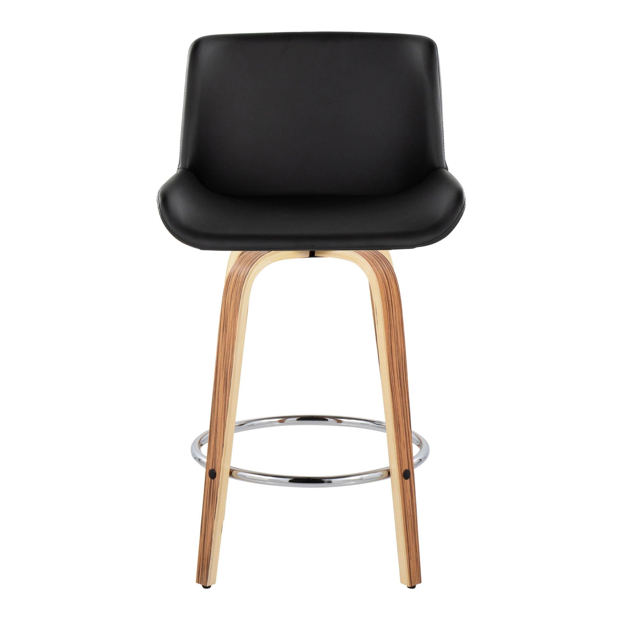 Santi 25" Fixed-Height Counter Stool - Set of 2 - Zebra Wood, Chrome Metal, Black PU