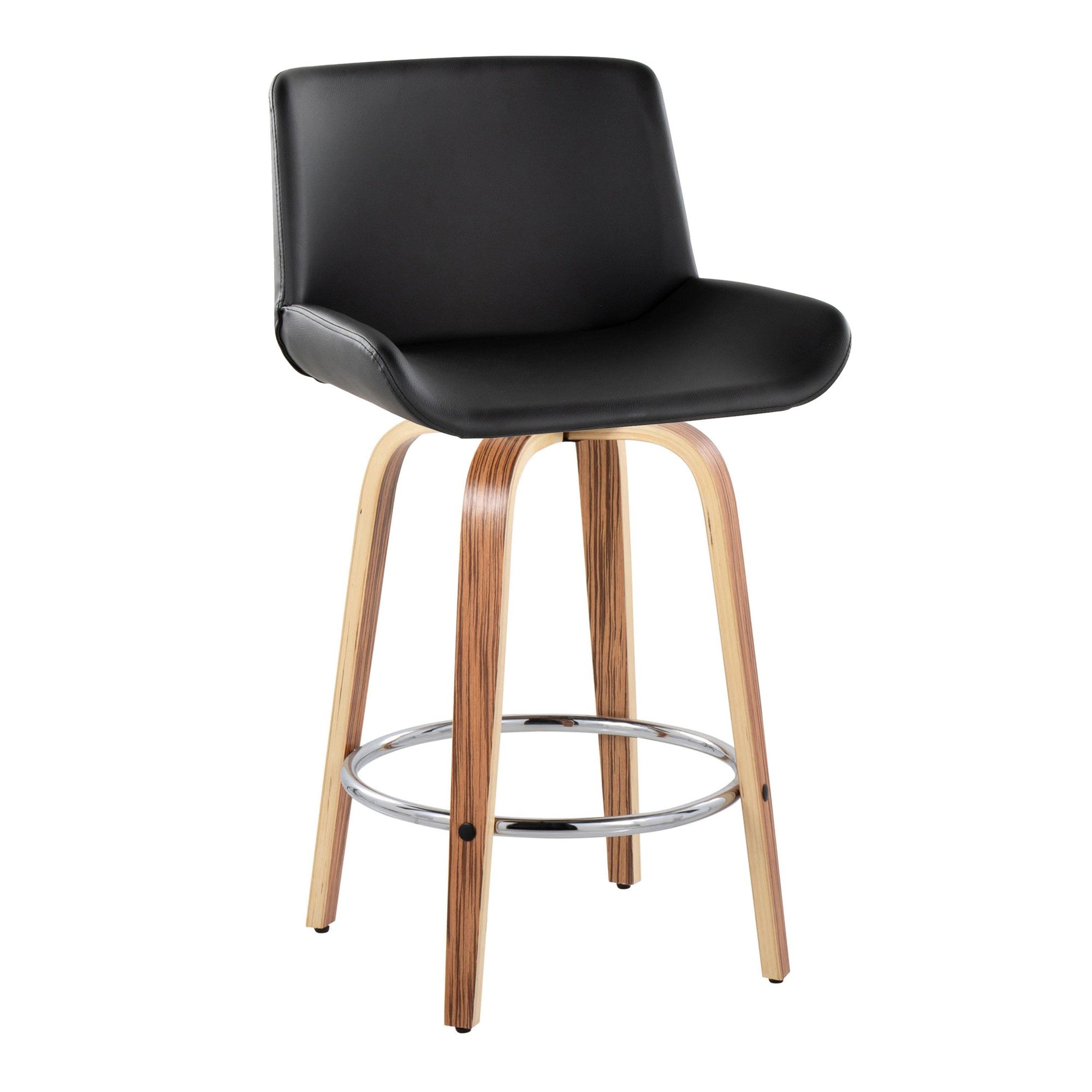 Santi 25" Fixed-Height Counter Stool - Set of 2 - Zebra Wood, Chrome Metal, Black PU