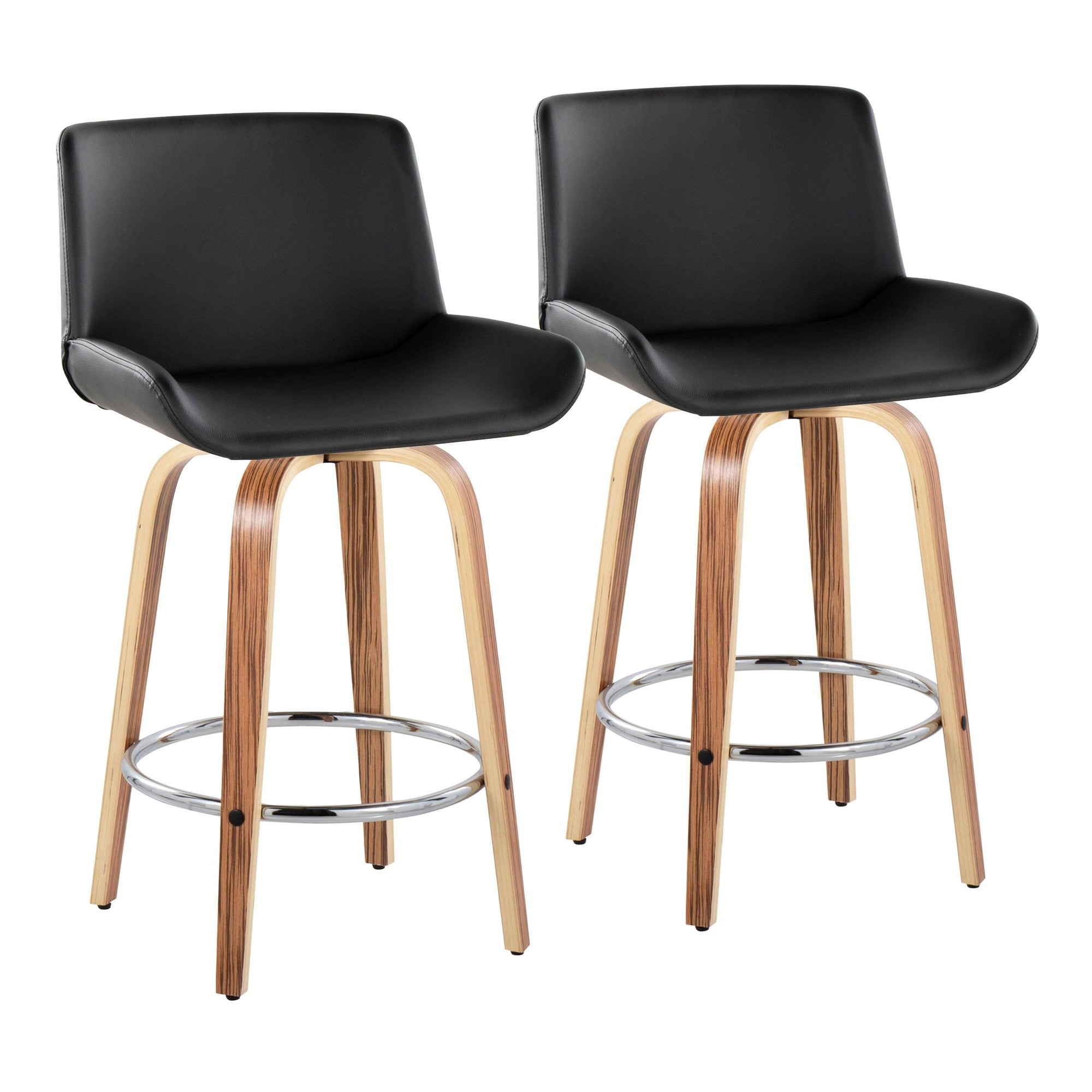 Santi 25" Fixed-Height Counter Stool - Set of 2 - Zebra Wood, Chrome Metal, Black PU