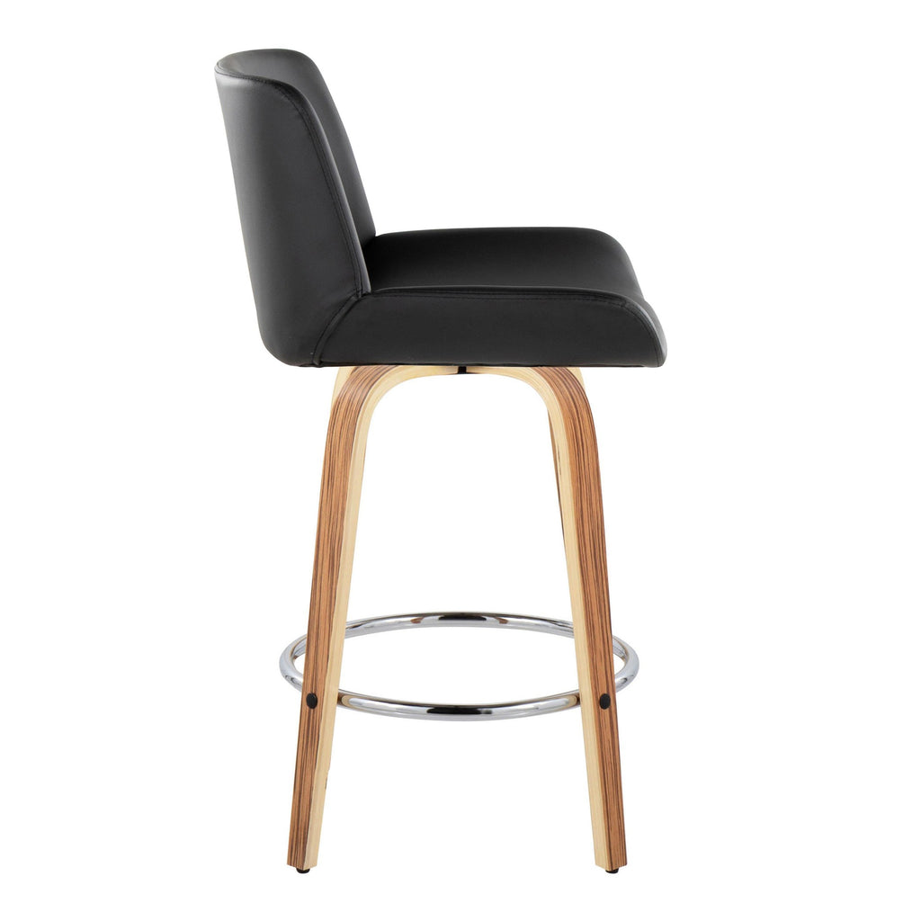 Santi 25" Fixed-Height Counter Stool - Set of 2 - Zebra Wood, Chrome Metal, Black PU