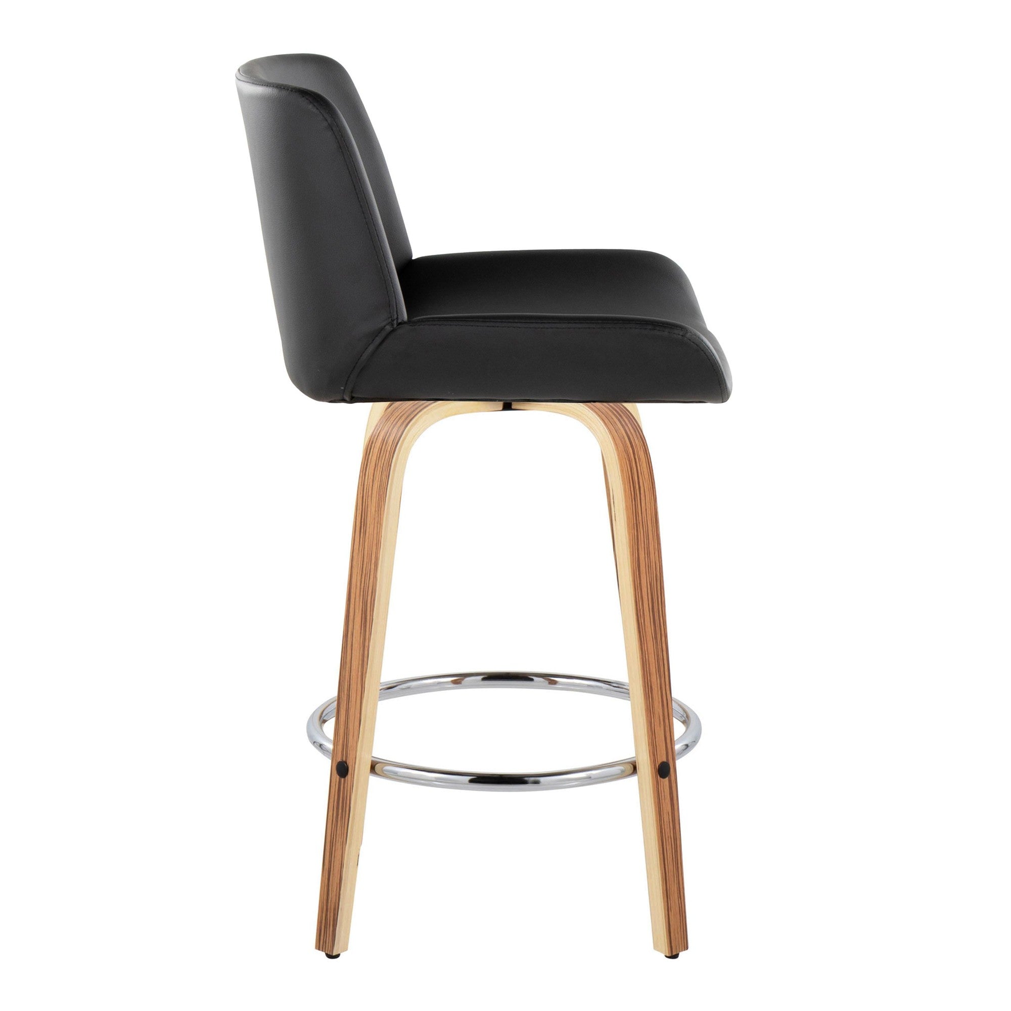 Santi 25" Fixed-Height Counter Stool - Set of 2 - Zebra Wood, Chrome Metal, Black PU