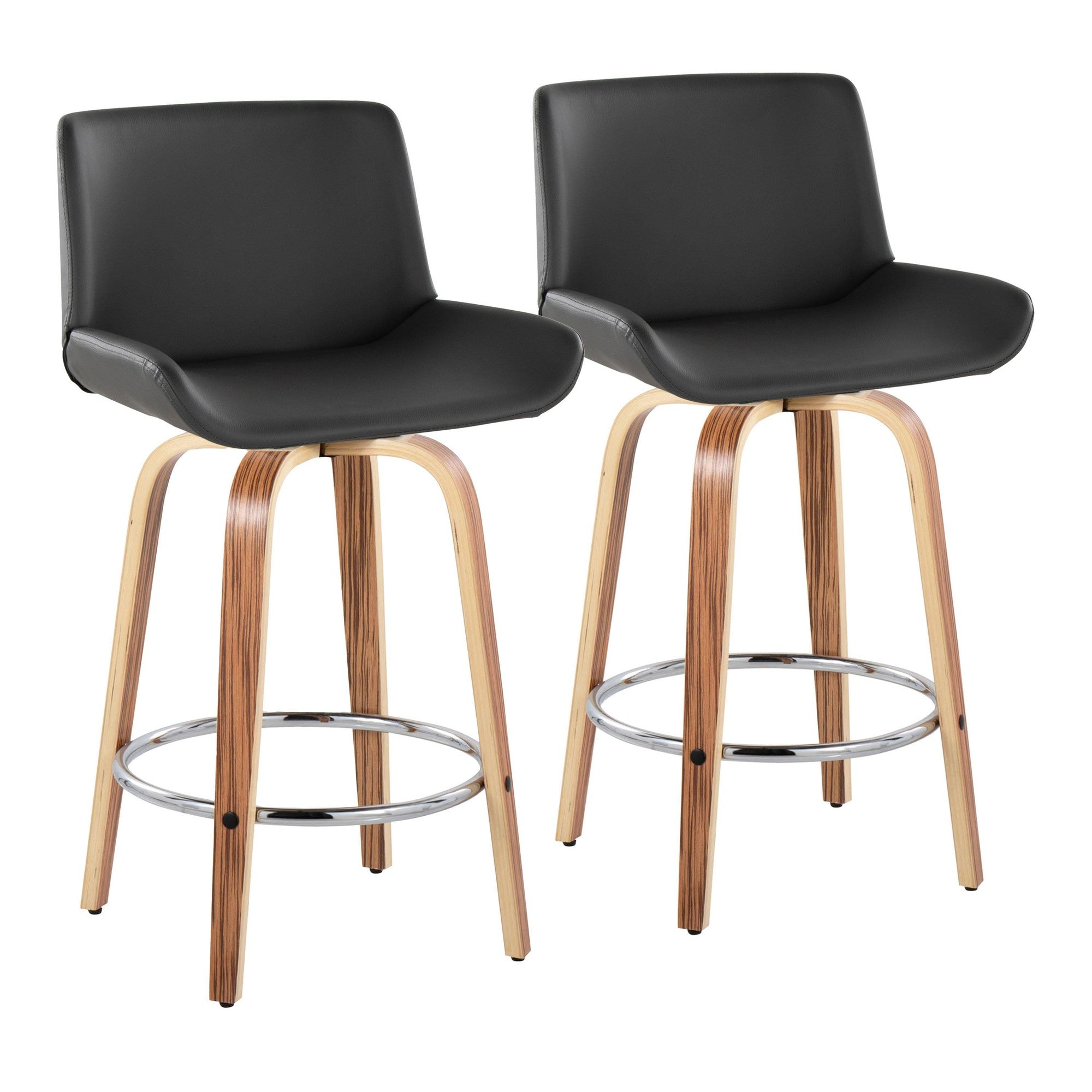 Santi 25" Fixed-Height Counter Stool - Set of 2 - Zebra Wood, Chrome Metal, Grey PU