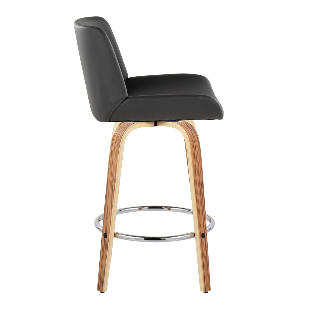 Santi 25" Fixed-Height Counter Stool - Set of 2 - Zebra Wood, Chrome Metal, Grey PU