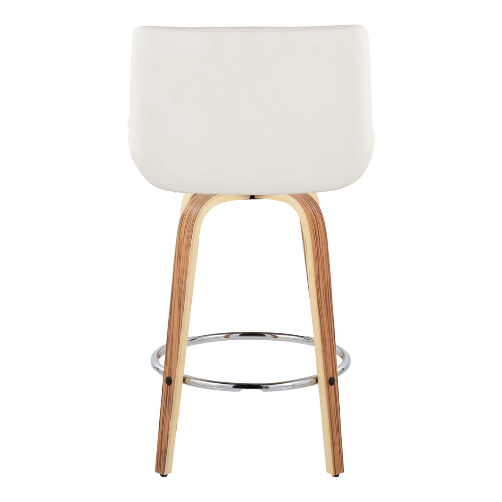 Santi 25" Fixed-Height Counter Stool - Set of 2 - Zebra Wood, Chrome Metal, White PU