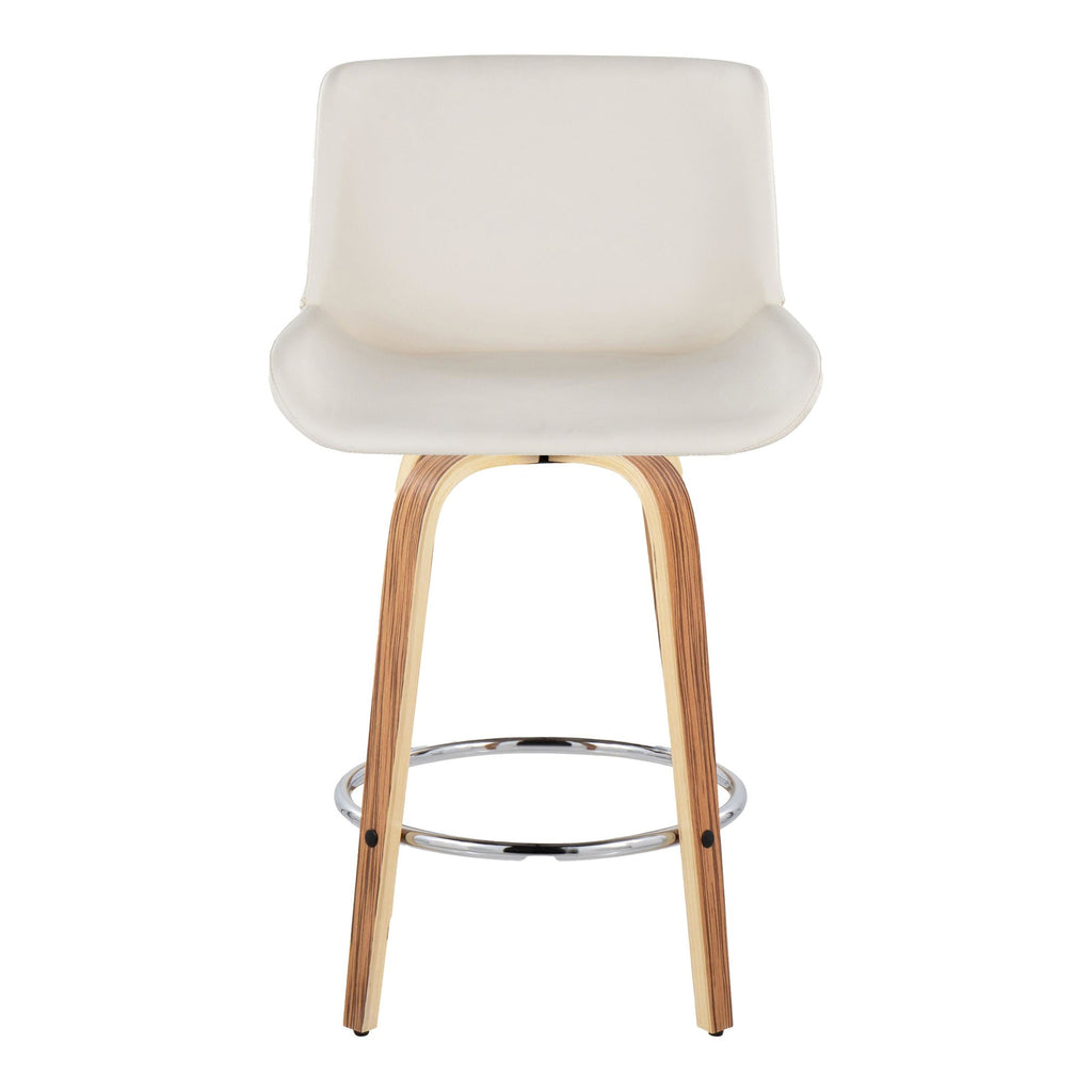 Santi 25" Fixed-Height Counter Stool - Set of 2 - Zebra Wood, Chrome Metal, White PU