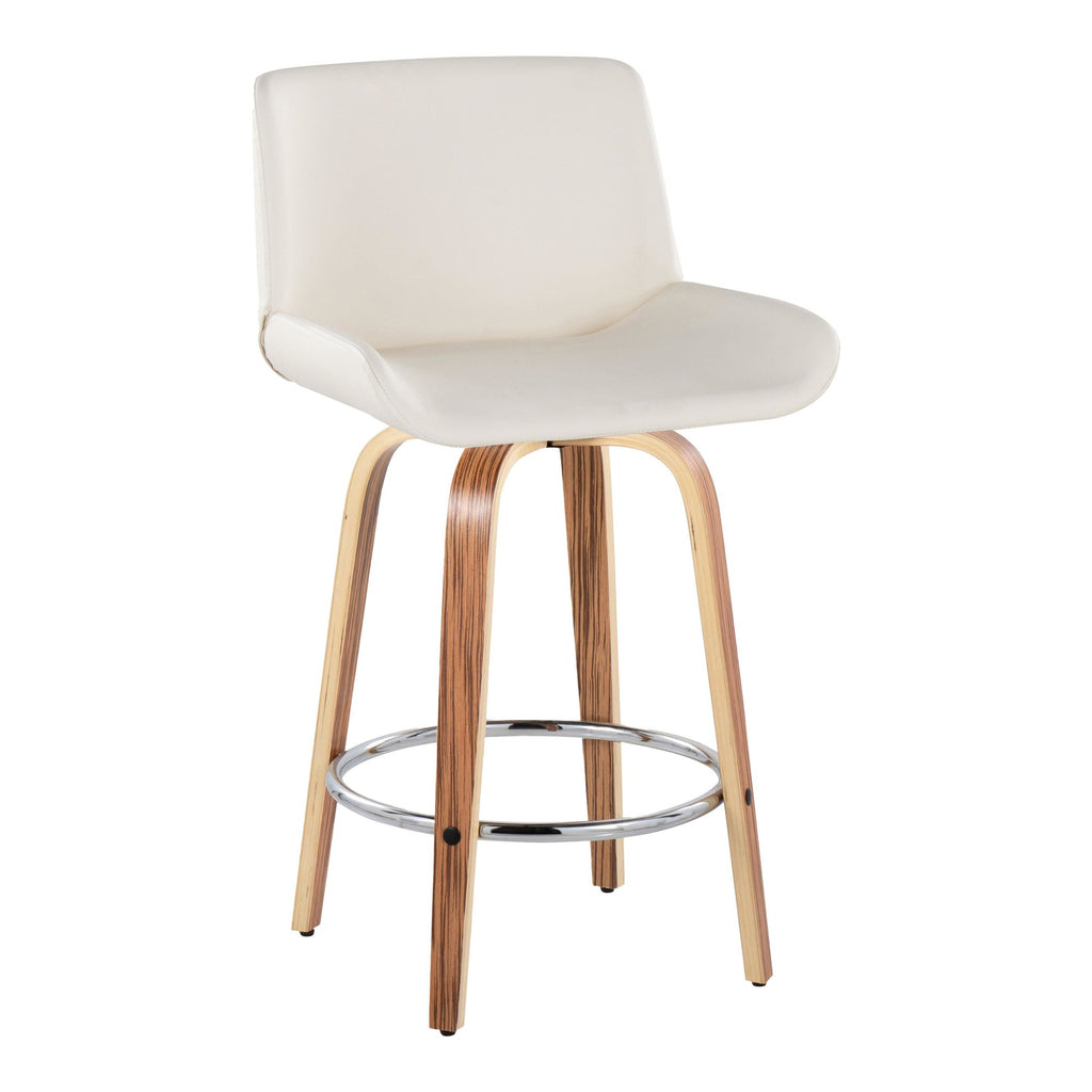 Santi 25" Fixed-Height Counter Stool - Set of 2 - Zebra Wood, Chrome Metal, White PU