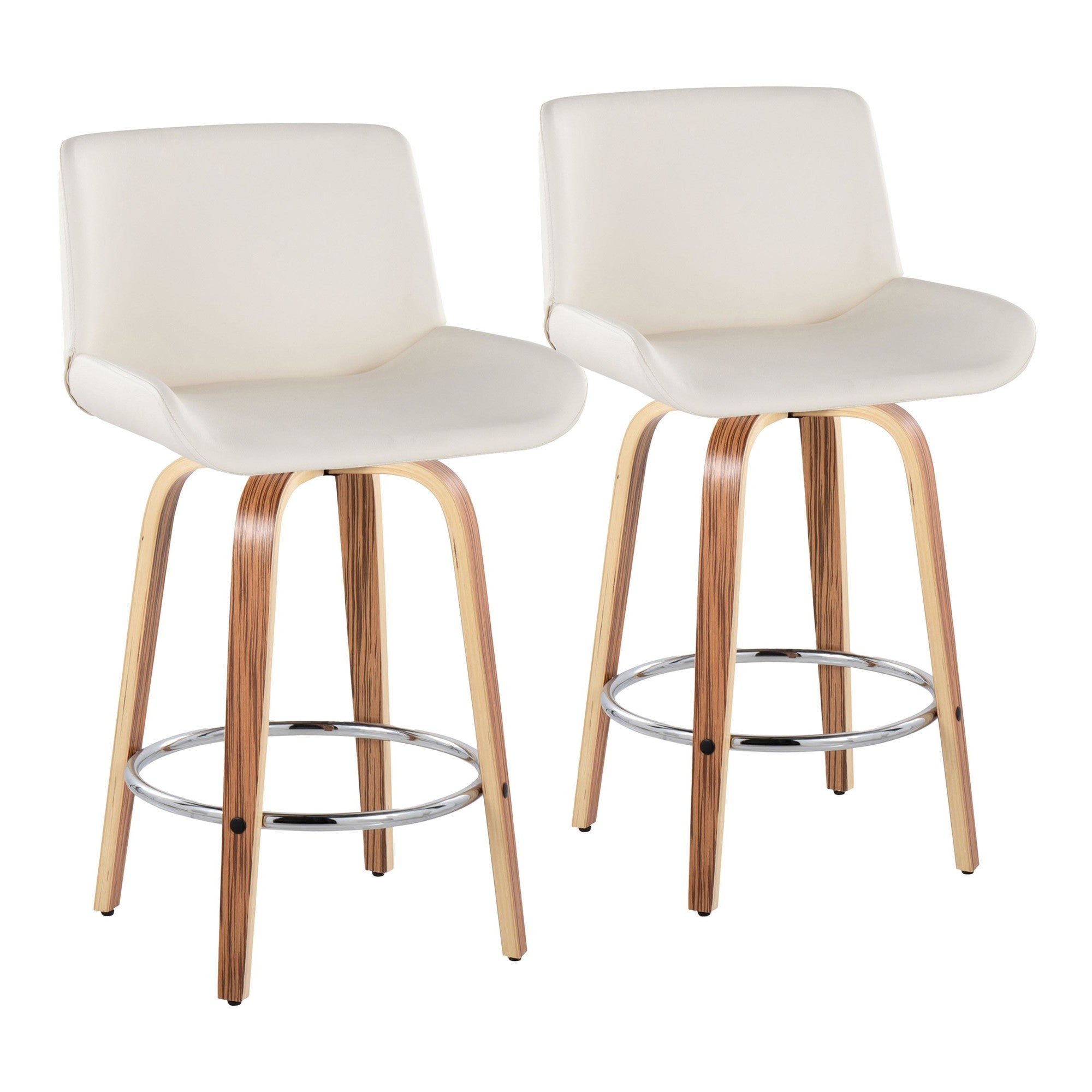Santi 25" Fixed-Height Counter Stool - Set of 2 - Zebra Wood, Chrome Metal, White PU